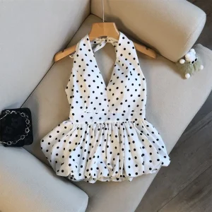 Backless Sexy Halter Beach Babydoll Crop Tops Women Polka Dots V neck Sleeveless T shirt Ruffles Basic Tees Not-Padded Pad