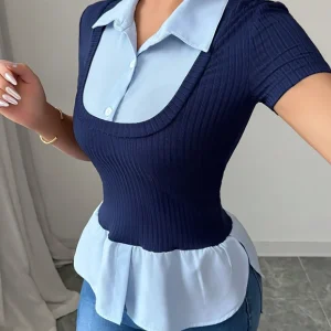 Women's T-shirt Spring Summer Navy Blue Light Blue Contrast Ruffle Hem Valentine's Day Elegant Casual Daily Office Top