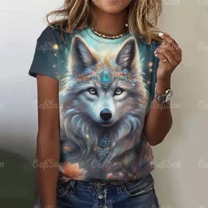 New T-shirt For Women Wolf Print Tees O Neck Loose Short Sleeve Blouse Female Fashion Animal Graphic Tops Harajuku Streetwear