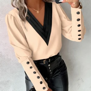 Office Ladies V-neck Button Shirt Blouse Spring Autumn Fashion Color Matching Long Sleeve Shirts For Women 2024 White Tops Femme