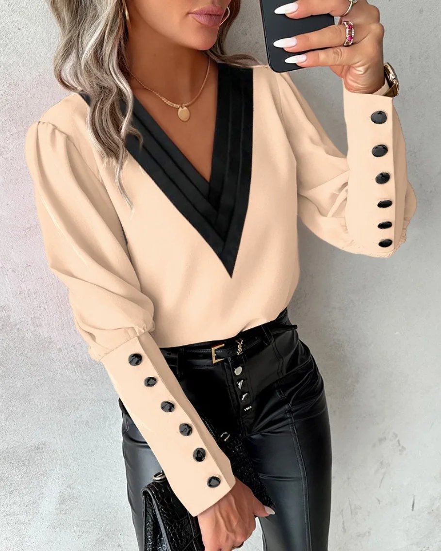 Office Ladies V-neck Button Shirt Blouse Spring Autumn Fashion Color Matching Long Sleeve Shirts For Women 2024 White Tops Femme - الصورة 3