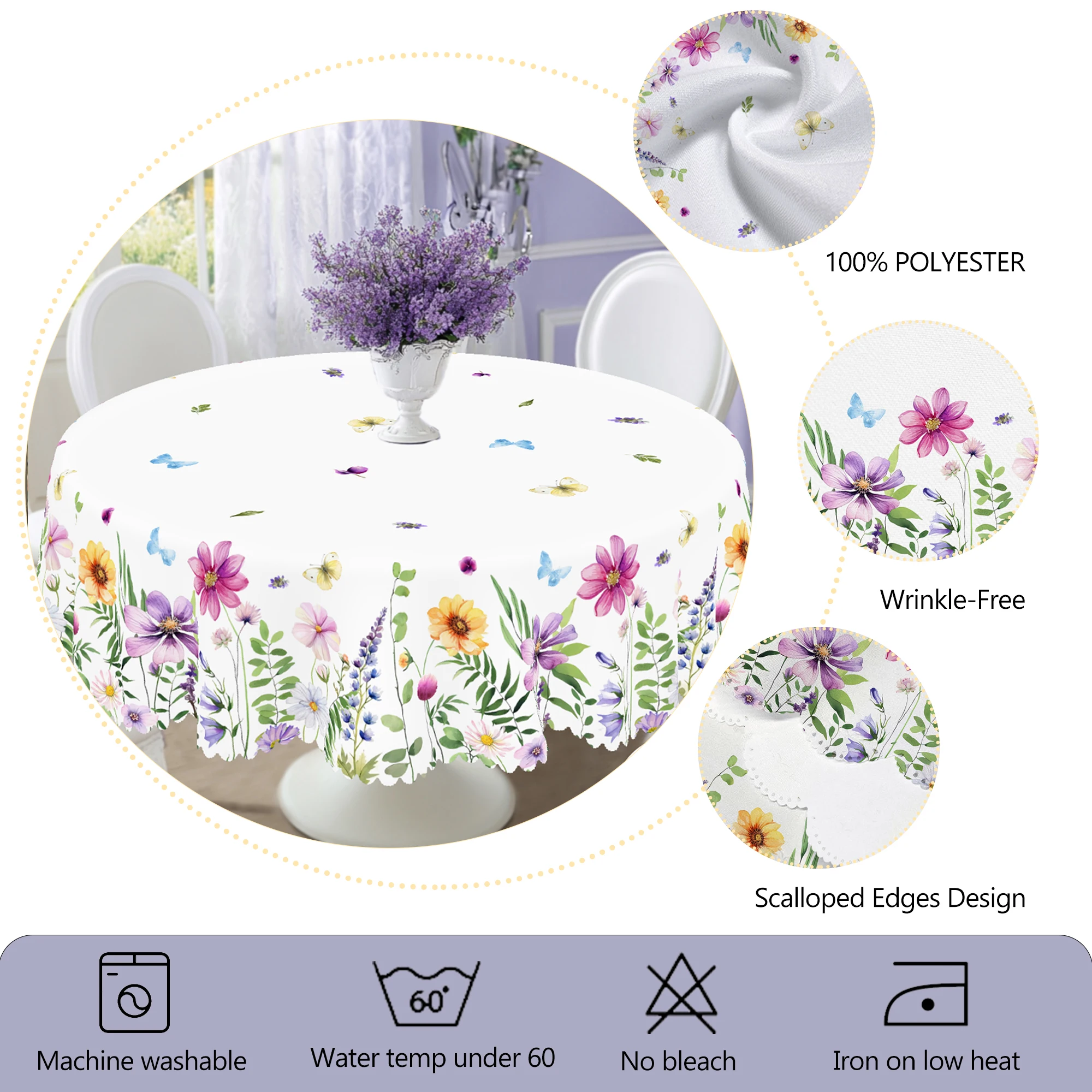 1 Piece of Spring and Summer Romantic Retro Floral Pattern Round Tablecloth, Butterfly Print Rectangular Tablecloth, Home Kitchen Table Cover, Indoor and Outdoor Use, Home Decoration, Holiday Gift for Family Friends - Image 6