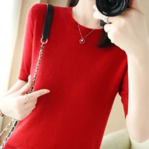 Spring and Summer New Short-sleeved Women O-neck Slim Wool Cotton Blend Pullover Vest T-shirt Knitted Base Sweater