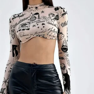 Women's Pattern Printed Semi Stand Collar Long Sleeve T-Shirt Spring Summer New Hot Selling Exposed Navel Top for Ladies