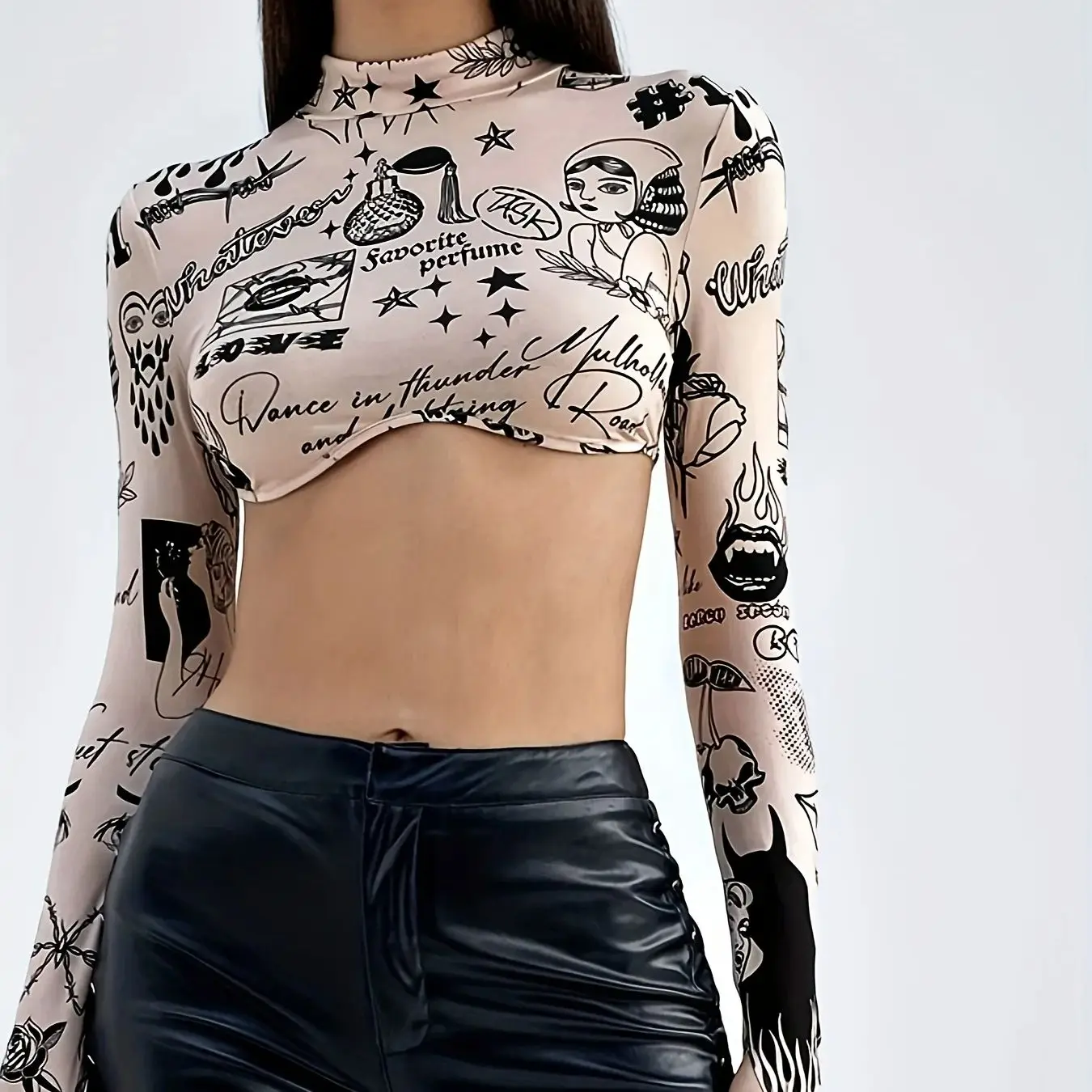 Women's Pattern Printed Semi Stand Collar Long Sleeve T-Shirt Spring Summer New Hot Selling Exposed Navel Top for Ladies - Image 6