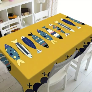 Bohemian Sardine Pattern Tablecloth, Polyester Table Cover with Colorful Fish Design Table Runner Modern Home Decor Accessory