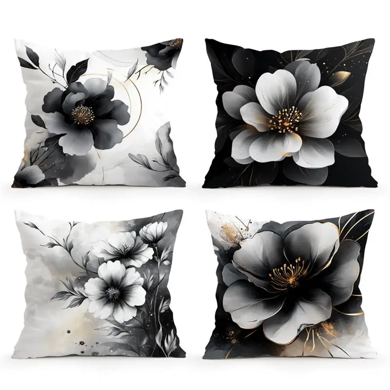 Home Decor Black & White Floral Patterned Cushion Covers Pattern Cushion Cover Suitable for Sofa Bedroom Car Pillow Cover - الصورة 2