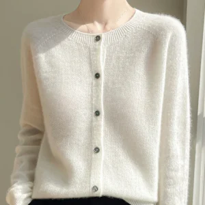 Women 100% Merino Wool Cardigan Soft O-Neck Cashmere Sweater OL Buttoned Knitwear Casual Top Clothing Korean Style