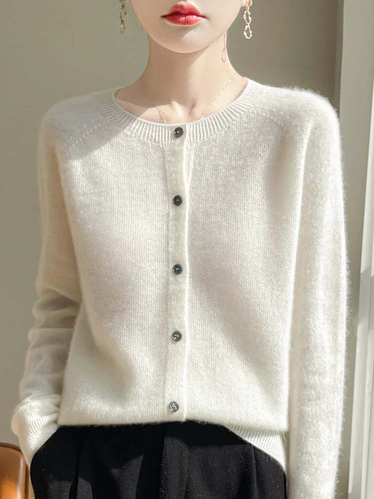 Women 100% Merino Wool Cardigan Soft O-Neck Cashmere Sweater OL Buttoned Knitwear Casual Top Clothing Korean Style - Image 12