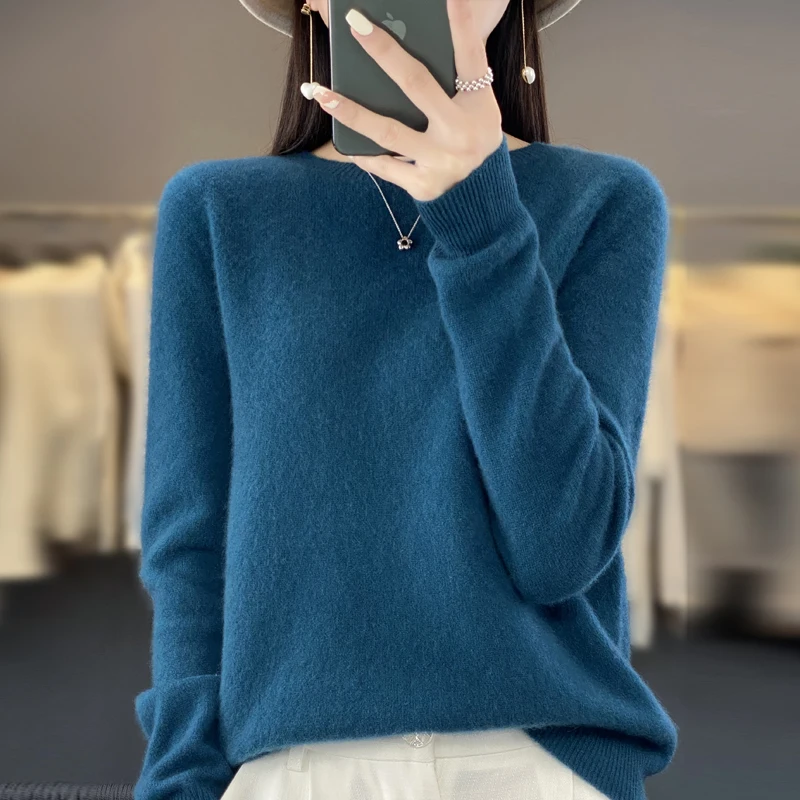 100% Merino solid color sweater ladies autumn and winter new solid color O-neck long sleeve warm fashion loose knit sweater - Image 12
