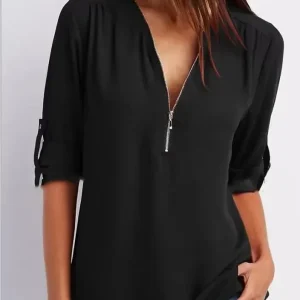 2025 Hot Sale Women Cool Loose Shirt Deep V Neck Chiffon Fashion Blouse Casual Ladies Tops Sexy Zipper Pullover Plus Size