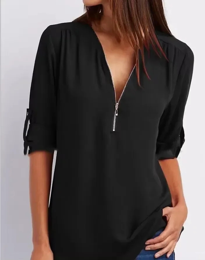 2025 Hot Sale Women Cool Loose Shirt Deep V Neck Chiffon Fashion Blouse Casual Ladies Tops Sexy Zipper Pullover Plus Size - Image 2