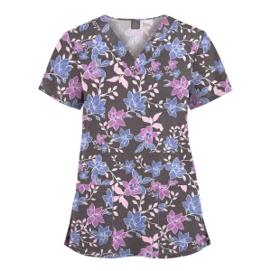 Wholesale Polyester Spandex Uniforms Beautiful Hospital Scrubs Tops Women Nurse Printed Scrub Top Healthcare Nursing Scrub Shirt