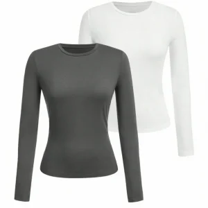 Women's solid-color long-sleeved T-shirt - Polyester knitted fabric, round neck, regular fit, fall-winter style