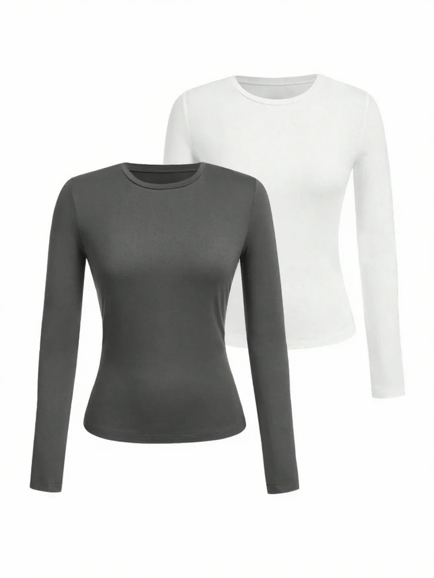 Women's solid-color long-sleeved T-shirt - Polyester knitted fabric, round neck, regular fit, fall-winter style - الصورة 6
