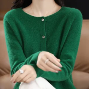 2024 New Chic Women's Basic O-neck Cardigan 100% Merino Wool Sweater Soft Grace Knitwear CoatSpring Autumn Female Clothes Tops