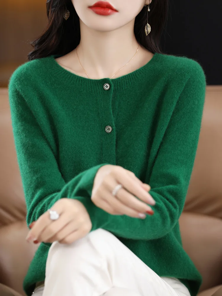 2024 New Chic Women's Basic O-neck Cardigan 100% Merino Wool Sweater Soft Grace Knitwear CoatSpring Autumn Female Clothes Tops - الصورة 17