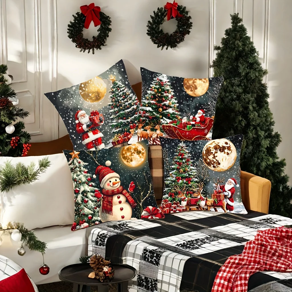4-Pack Christmas Pillow Covers Snowman Reindeer Golden Moon Soft Polyester Zippered Machine Washable 45cm Sofa Bedroom Decor - الصورة 2