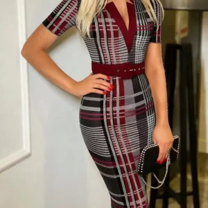 Women's Sexy Geometric Pattern V-Neck Midi Pencil Dress with Belt, Long Sleeve Knit Bodycon Dress, Suitable for All Seasons