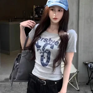 Y2k Sport Summer Off shoulder Top Women Sexy Vintage 2000s Short sleeve T shirt Lady Body Basic Crop Top Female Casual
