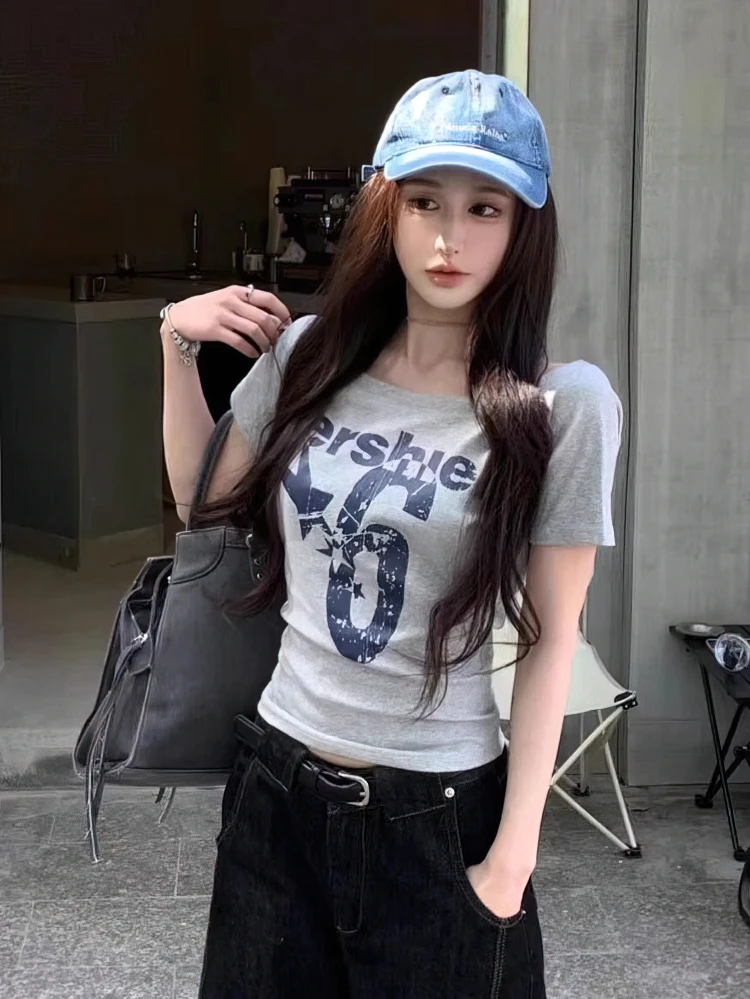 Y2k Sport Summer Off shoulder Top Women Sexy Vintage 2000s Short sleeve T shirt Lady Body Basic Crop Top Female Casual - Image 7