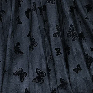 Butterfly Flocking Tulle Long Skirt Women Aesthetic Casual A Line Elastic High Waist Midi Mesh Skirt Female Black