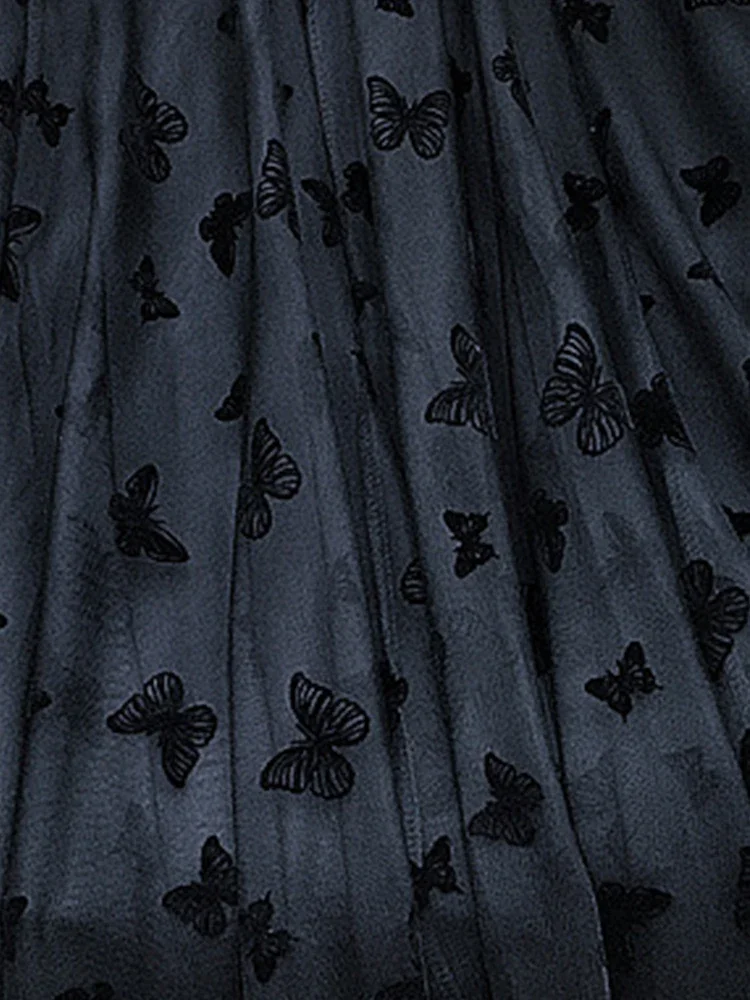 Butterfly Flocking Tulle Long Skirt Women Aesthetic Casual A Line Elastic High Waist Midi Mesh Skirt Female Black - الصورة 4