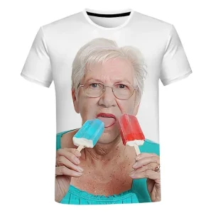 2024 Summer New Creative Funny Lady Licking Red Popsicle 3D Printed T-shirt Cute Grandma Funny Popsicle T-shirt Casual Loose Top