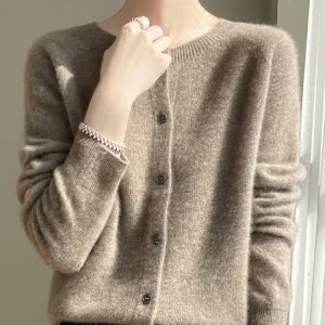 Women 100% Merino Wool Cardigan Soft O-Neck Cashmere Sweater OL Buttoned Knitwear Casual Top Clothing Korean Style