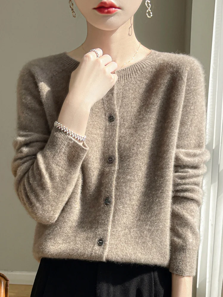 Women 100% Merino Wool Cardigan Soft O-Neck Cashmere Sweater OL Buttoned Knitwear Casual Top Clothing Korean Style - Image 14