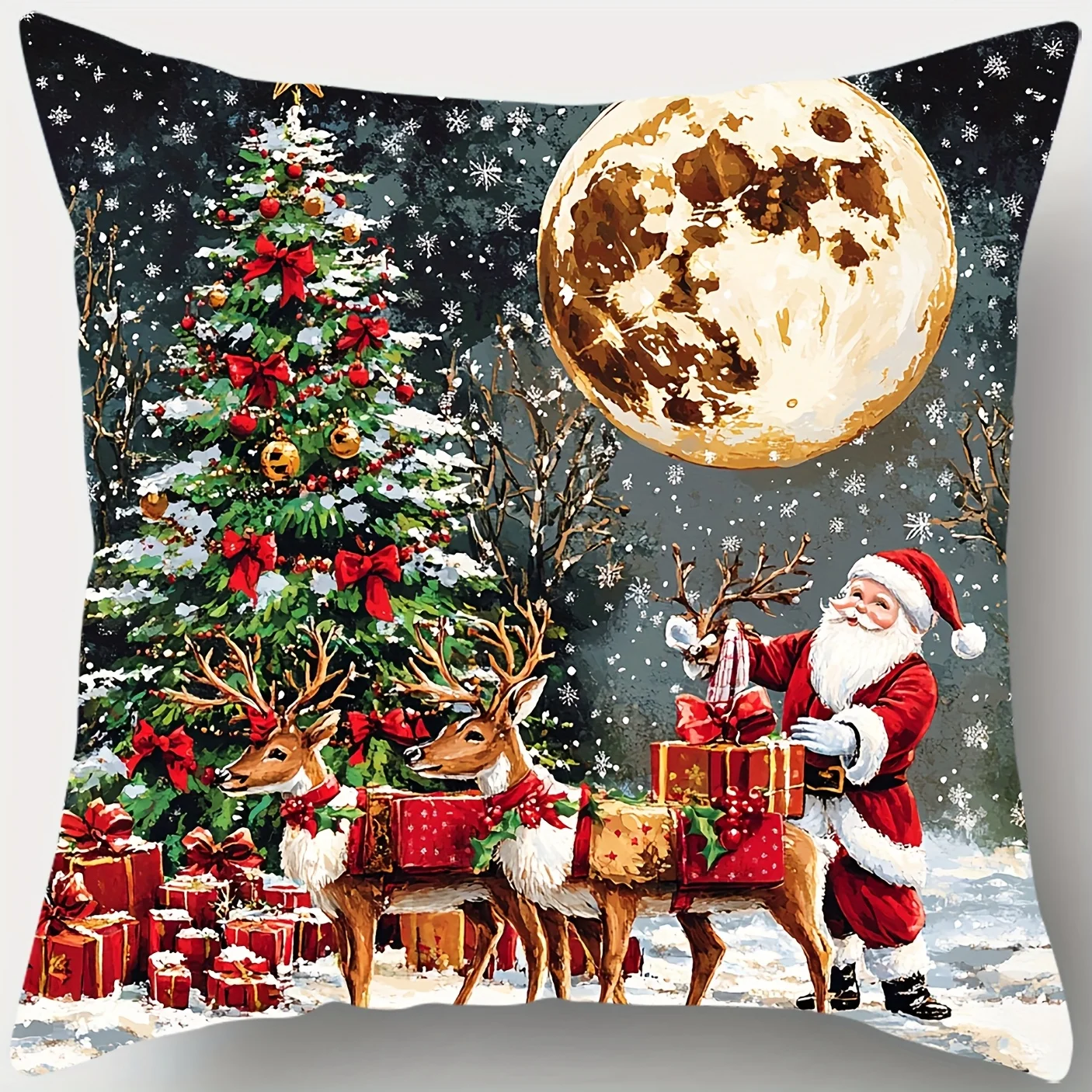 4-Pack Christmas Pillow Covers Snowman Reindeer Golden Moon Soft Polyester Zippered Machine Washable 45cm Sofa Bedroom Decor - الصورة 4