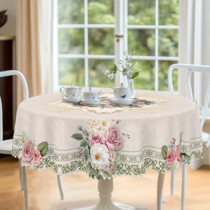 1 Piece of Retro Beige Rose Daisy Pattern Tablecloth, Elegant and Romantic French Style Floral Print Round, Rectangular Tablecloth, Suitable for Home Kitchen, Dining Table, Garden, Courtyard Indoor and Outdoor Decorative Tablecloth, Suitable for Valentine's Day, Mother's Day, Wedding, Birthday, Anni