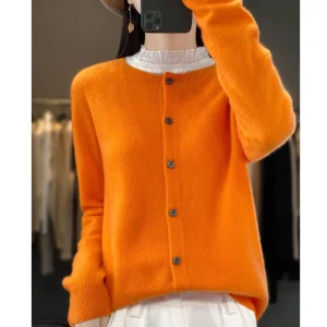 Fashion Women 100% Merino Wool Cardigans Cashmere Sweater Autumn Winter O-neck Long Sleeve Knitwear Female Basic Clothing Tops