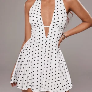 Ladies' summer sexy polka dot print backless hanging neck mini dress