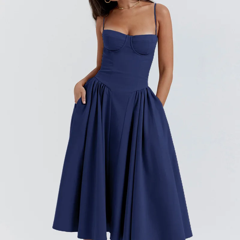 Summer Women Elegant Sleeveless Backless Pleated Dresses Lady Sexy Solid Sling Midi Dress 2024 Female Party Evening A-line Robes - Image 2