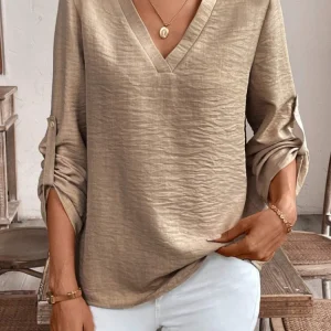 Ladies Elegant Simple V-Neck Commute Pure Color Cuffed Sleeve Casual Sophisticated Shirt Office Wear Casual Fashion