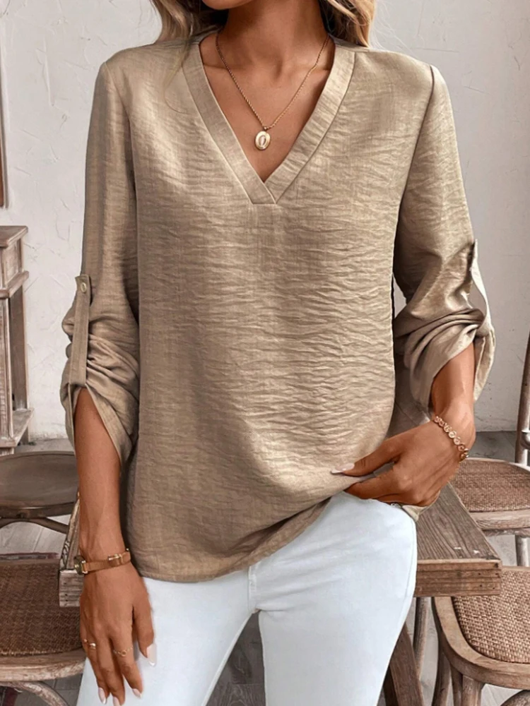 Ladies Elegant Simple V-Neck Commute Pure Color Cuffed Sleeve Casual Sophisticated Shirt Office Wear Casual Fashion - Image 3