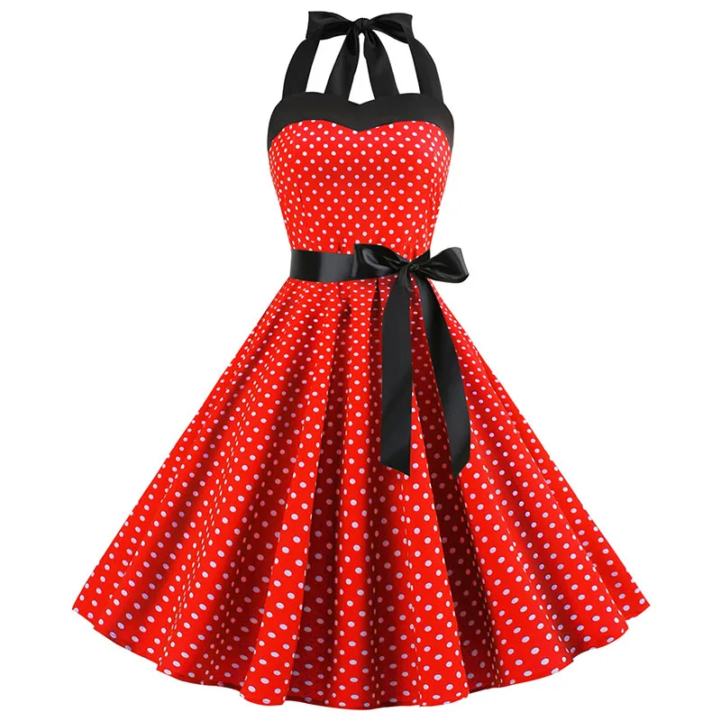 Women Polka Dot Print Summer Dress Sexy Retro White Halter Vintage Dress Robe Femme Pin Up Rockabilly Party Dress - الصورة 8