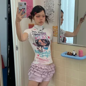 Karrram Japanese Y2k Anime Print T-shirt 2000s Aesthetics Kawaii Crop Top Vintage Harajuku Cutecore Short Sleeve T Shirts Lolita