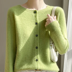 Women's Sweater Cardigans 100% Merino Wool Knitwear Raglan Sleeve Cashmere O-neck Solid Autumn Winter Casual Comfortable Tops