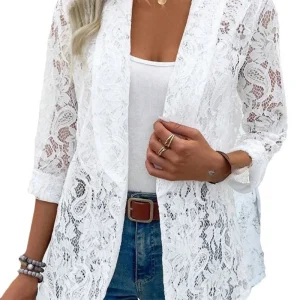 Black White Classic Lace Jacket Women's Elegant Lightweight Coat Spring Autumn Blouse
