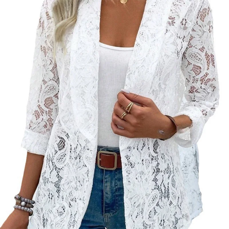 Black White Classic Lace Jacket Women's Elegant Lightweight Coat Spring Autumn Blouse - Image 5