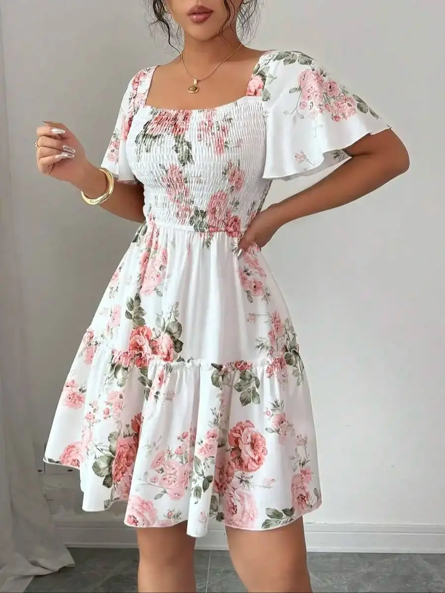 Women Floral Print Sashes Ruffle Hem Short Sleeve Casual Dress, Vacation Style Women's Evening Dresses - Image 6