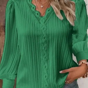 Elegant Summer Hollow Lace Patchwork Women Shirt Chic Blouse V Neck Long Sleeve Shirt Plain Lace Casual Basic Regular Tops