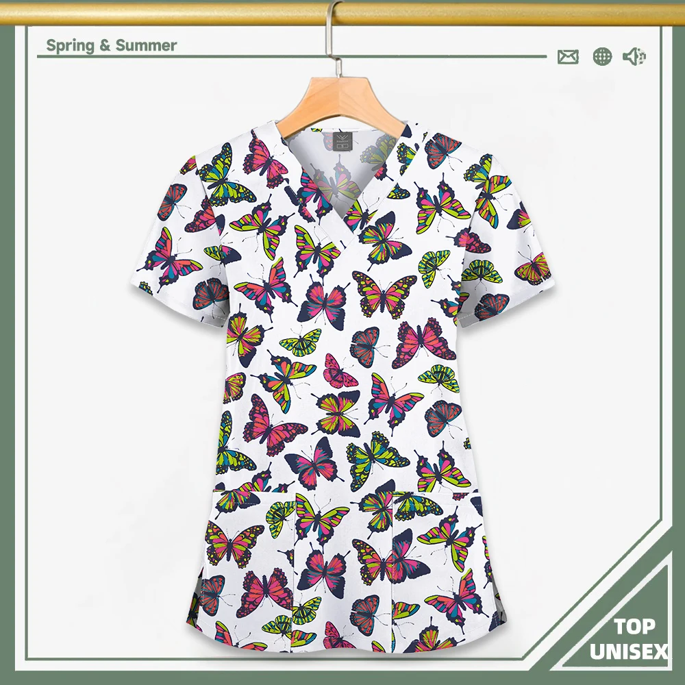 Surgical Uniform Printing Holiday Beautiful Shirt V-neck Style Pocket Design Blouse Surgical Top Woman Men Nurse Medical Uniform - الصورة 25