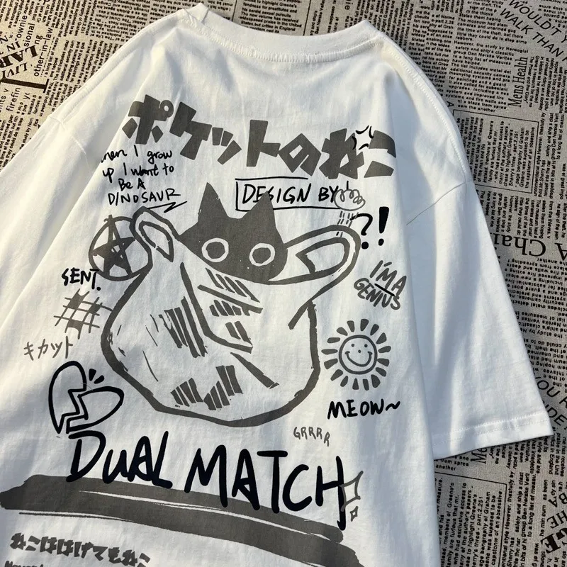 Summer Japanese Retro Pocket Cat Cartoon Printed Short Sleeve T-shirt Male Female Couples Unisex College Style Oversized Top - الصورة 3