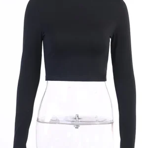 Women Black Bodycon Long Sleeve Crop Tops Gothic Harajuku Letter Embroidery Vintage Solid Tops Female Casual Basic Tops