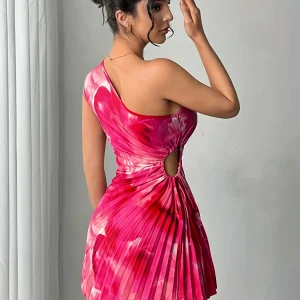 Summer Elegant Ink Print Smudge Cut-out Waist Dress Slanted Shoulder Collar Pressed Pleated Women's dresses