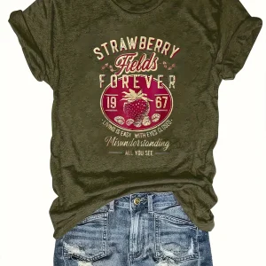 Harajuku Strawberry Fields Forever Letter Print Women T Shirt Short Sleeve Crew Neck Summer Casual Top for Women Clothes Shirts
