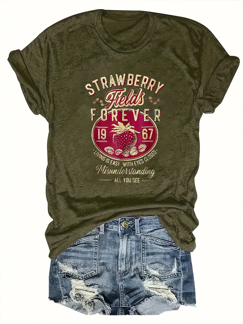 Harajuku Strawberry Fields Forever Letter Print Women T Shirt Short Sleeve Crew Neck Summer Casual Top for Women Clothes Shirts - الصورة 3